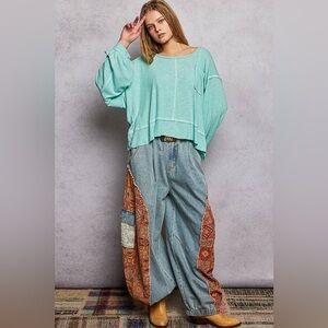 POL Round Neck Long Sleeve Exposed Seam Top with Chest Pocket🆕